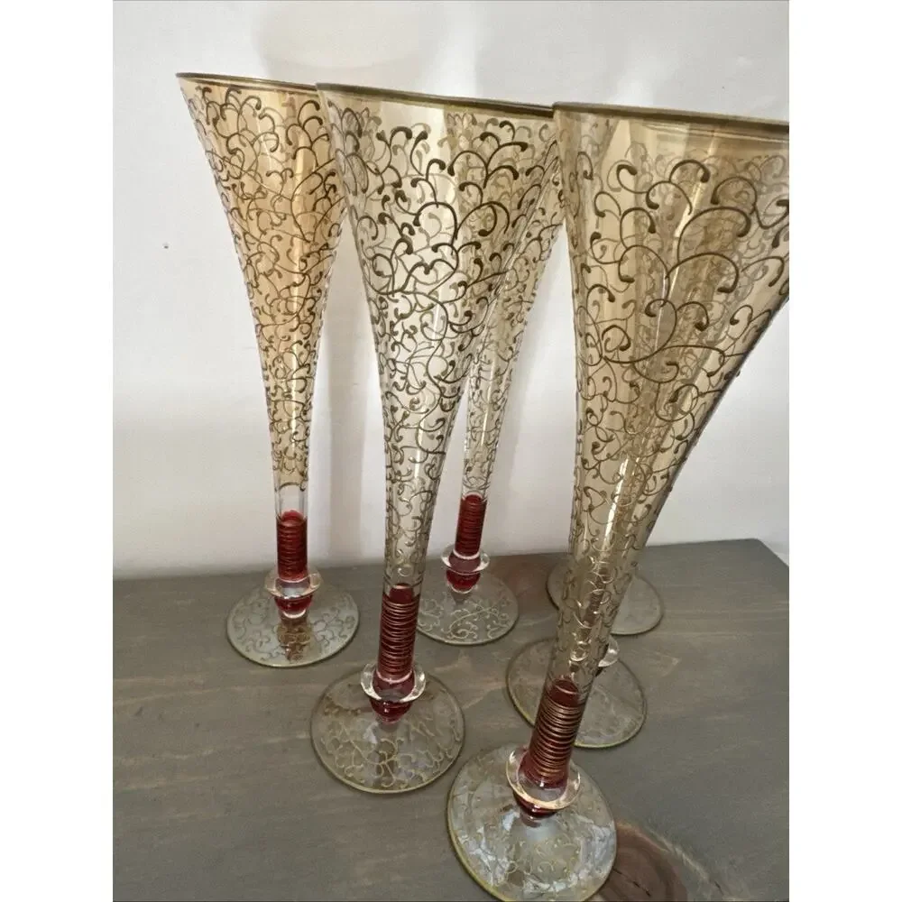 Pier 1 Rioja Hand Blown Champagne Flutes Ruby Red Stem Gold Scroll Set Of 6 Rare